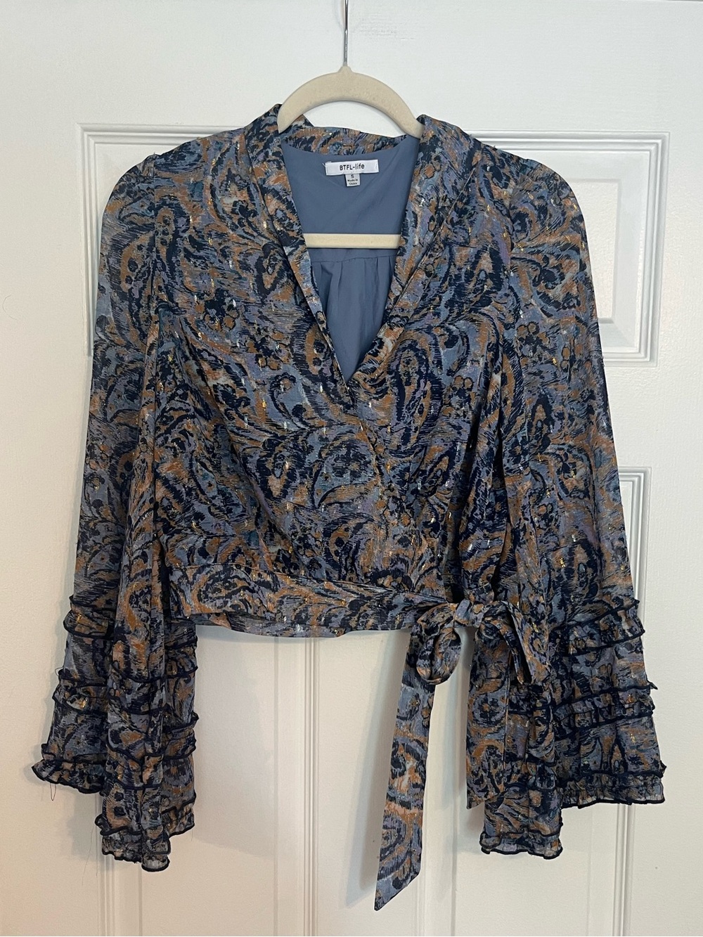 BTFL-life Paisley Wrap Blouse in Navy and Tan